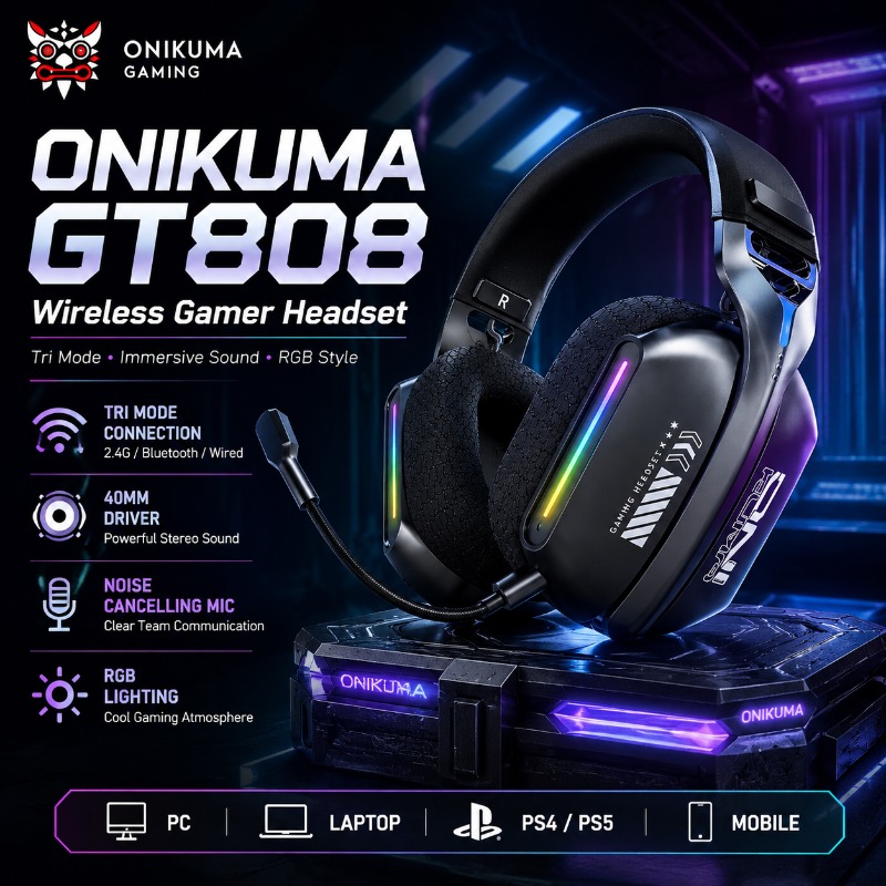 Gaming Headset Rgb - سماعة ألعاب لاسلكية ONIKUMA GT808 ثلاثية